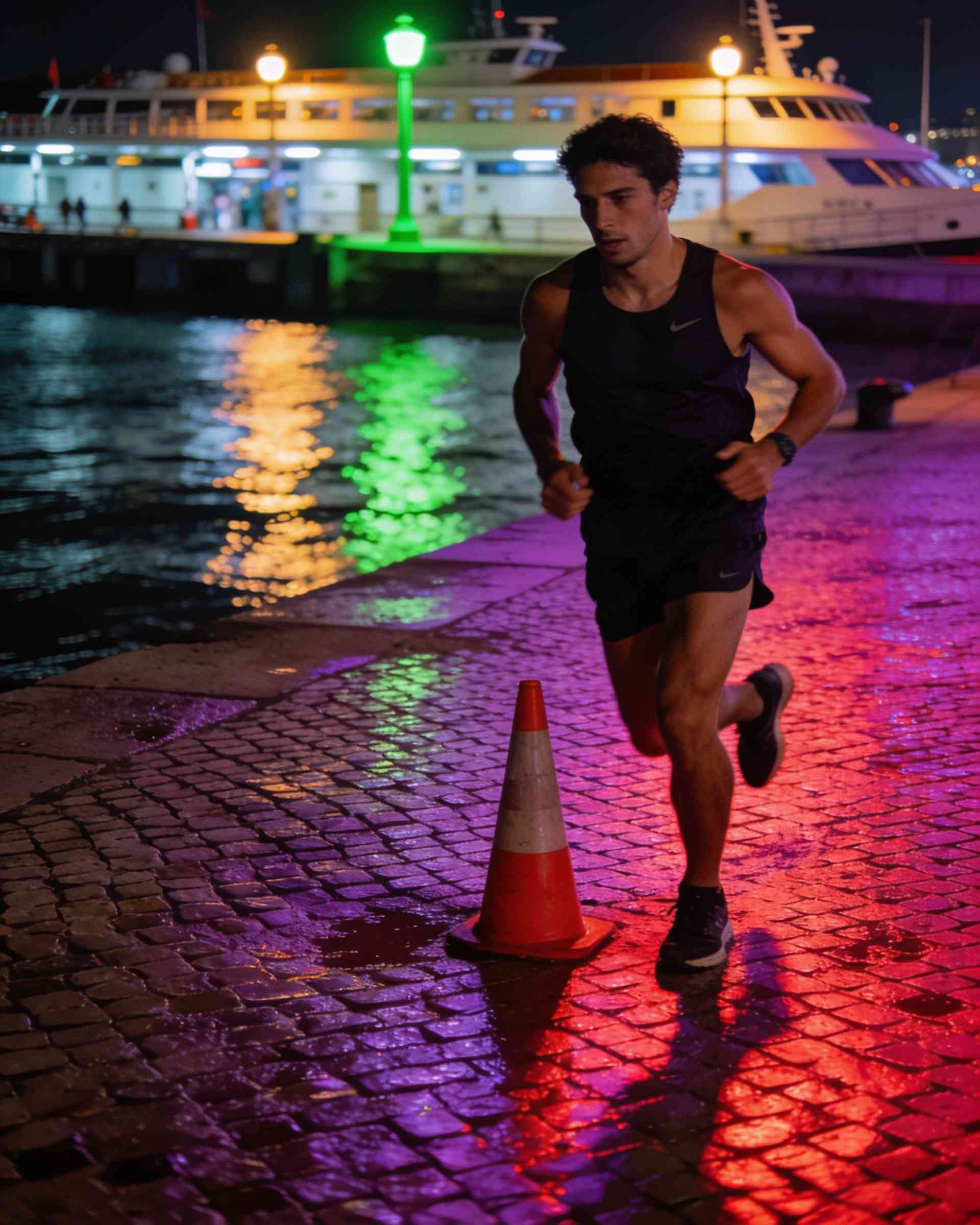 Cais do Sodré in Lisbon at night, lit in magenta and violet, runners passing