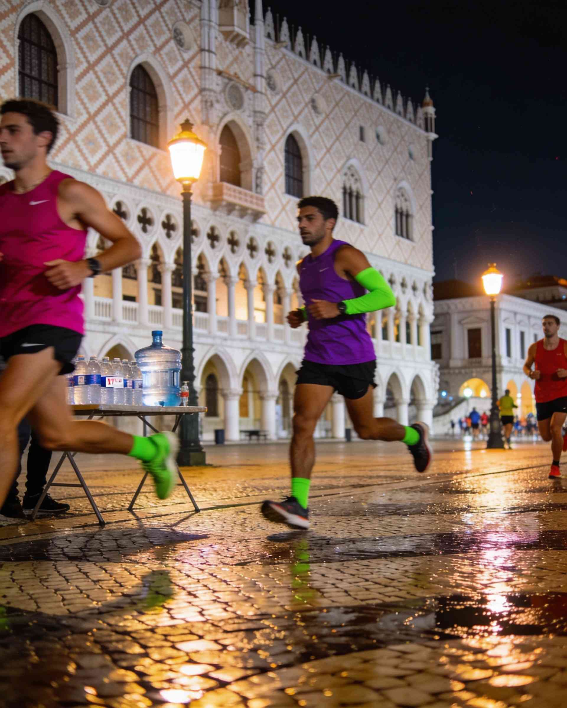Casa dos Bicos in Lisbon at night, lit in magenta and violet, runners passing