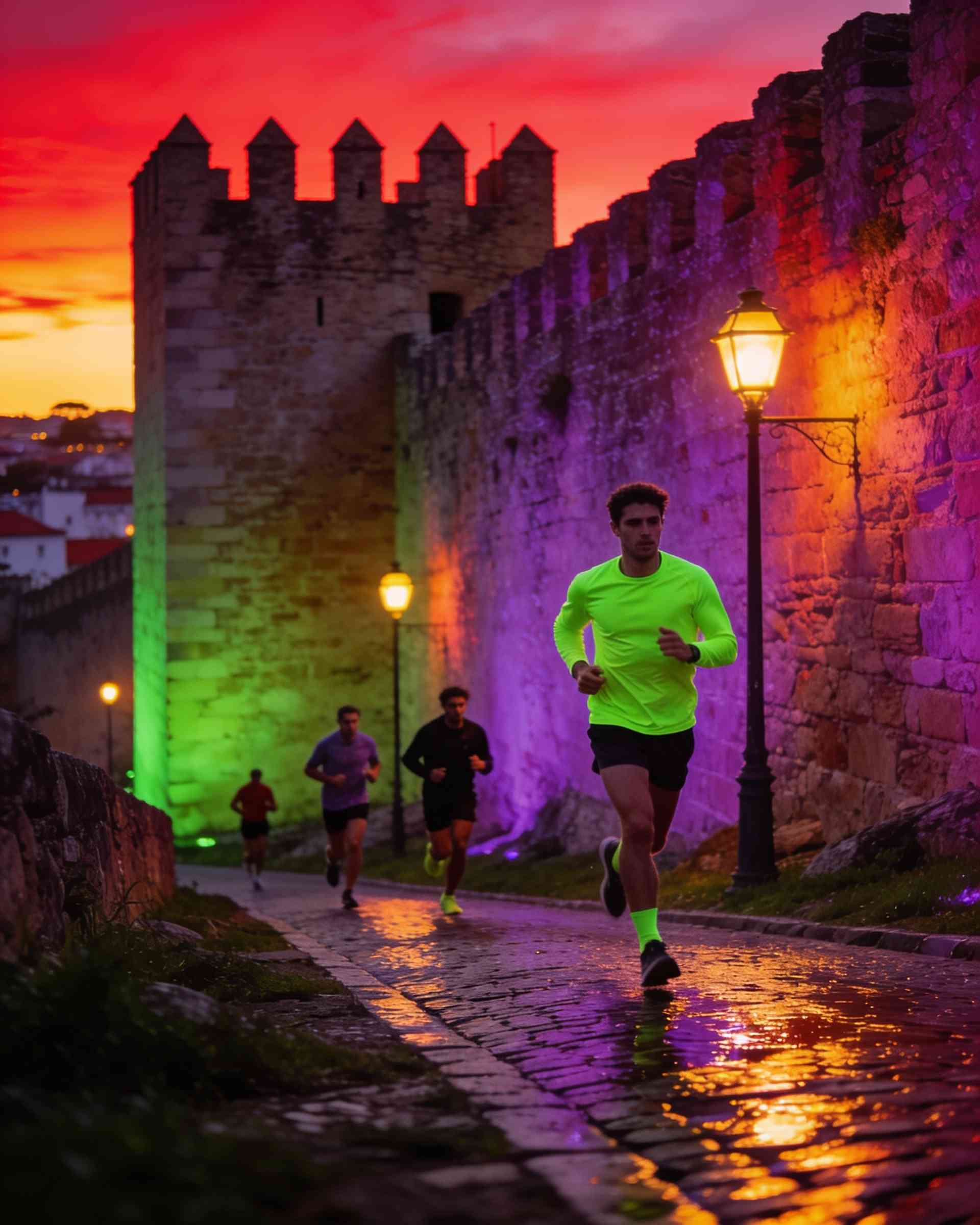 Castelo de São Jorge in Lisbon at night, lit in magenta and violet, runners passing
