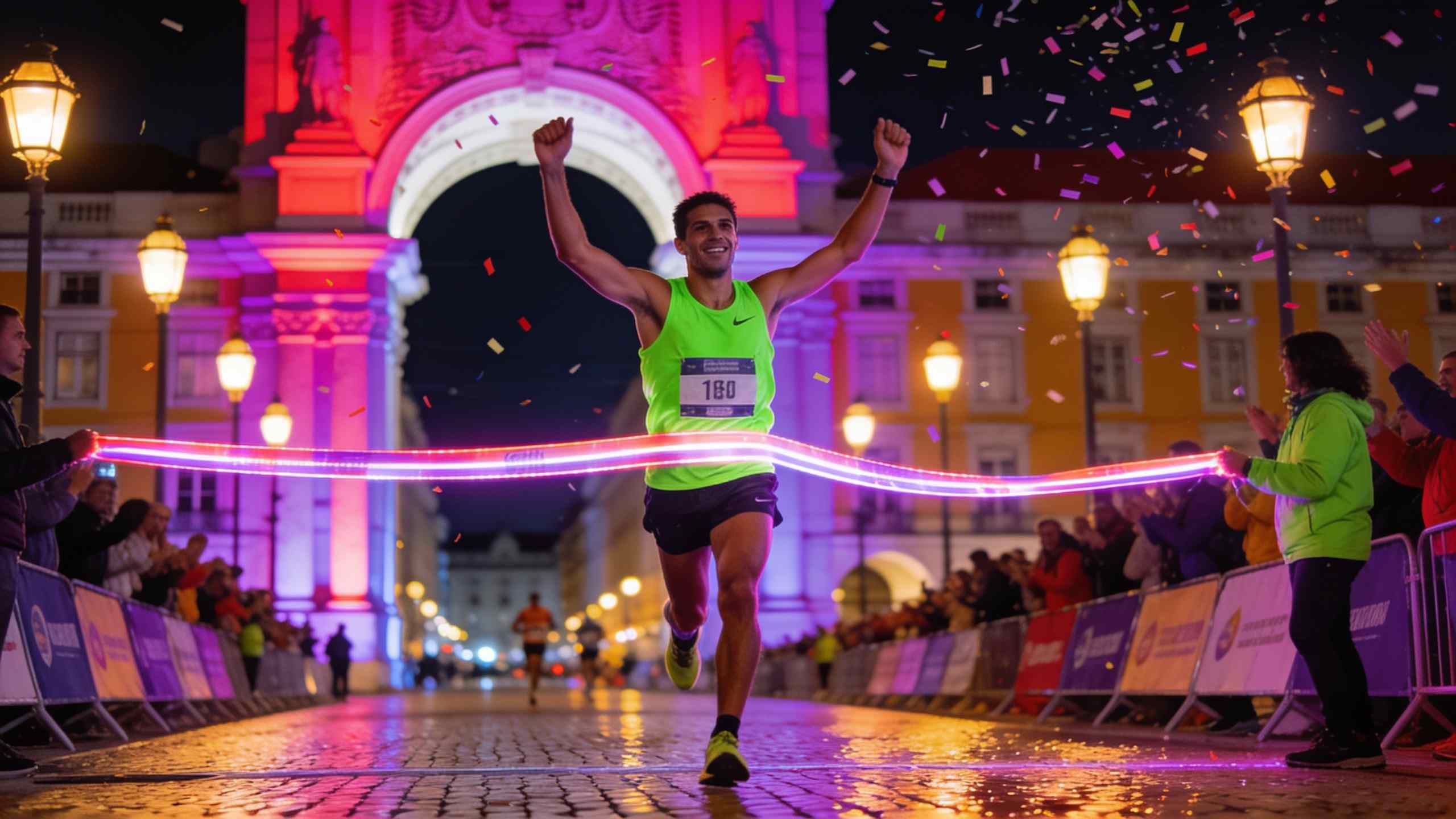 Runners crossing the finish under the Rua Augusta arch at night, magenta and lime lights, confetti in the air
