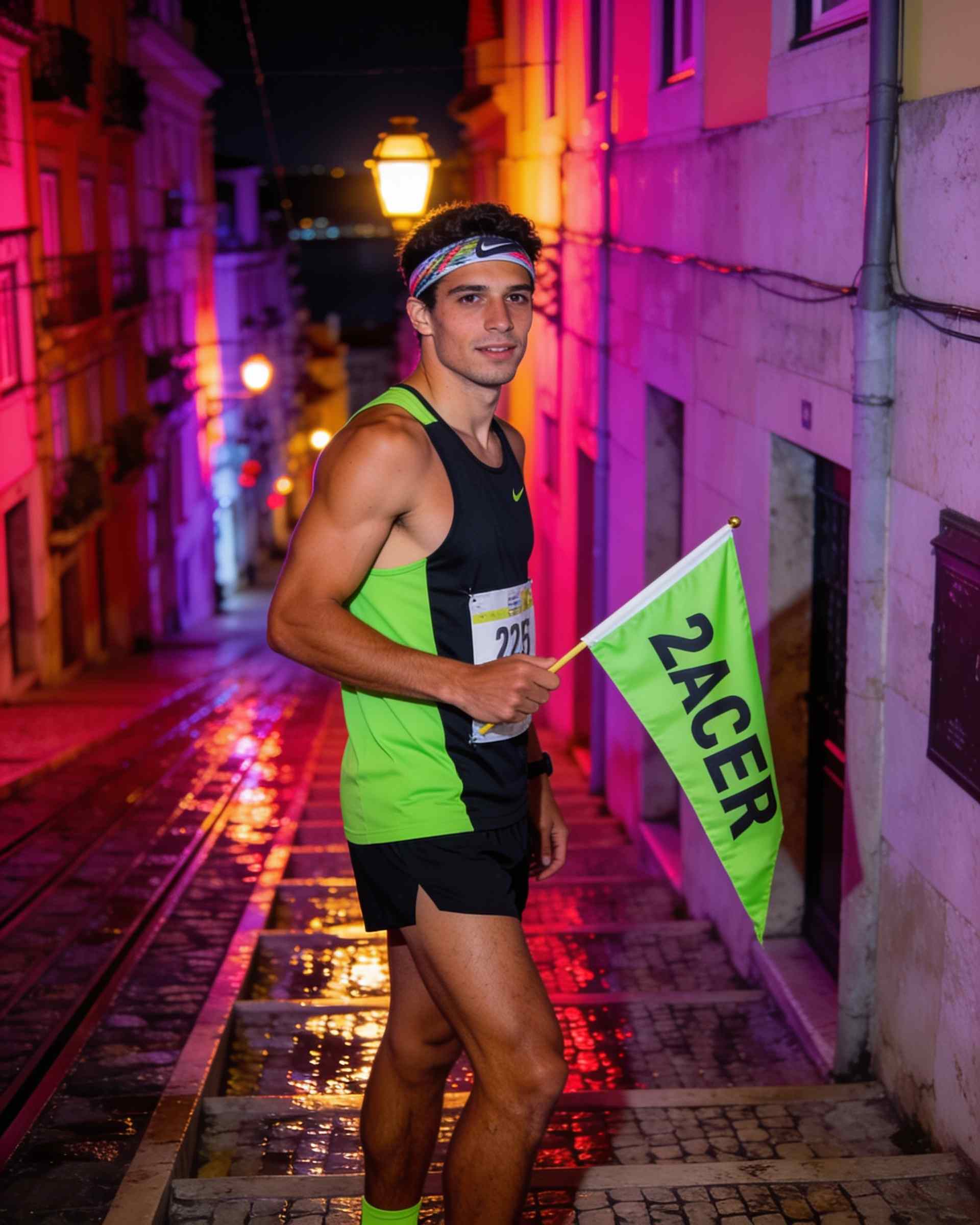 Duarte Lima, a runner, in Lisbon at night with a pacer flag