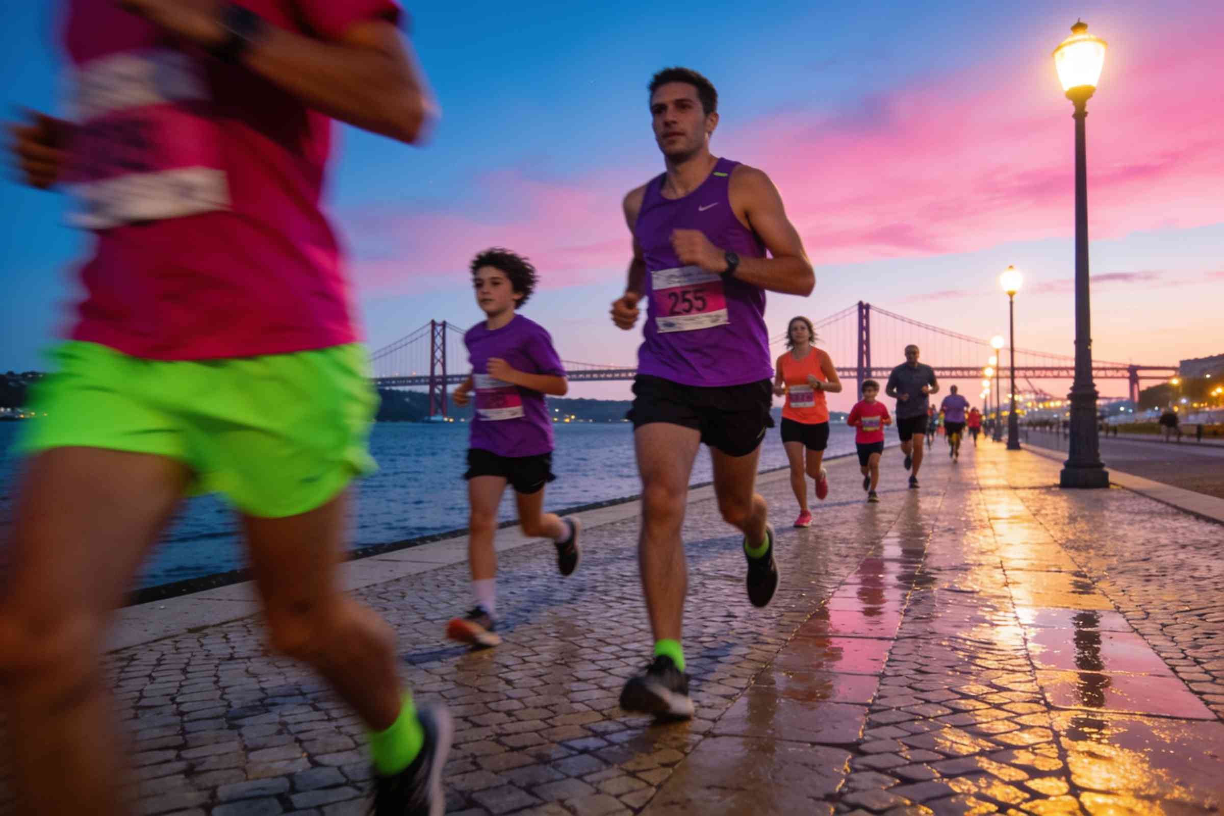 Runners in the Family 2K at night in Lisbon, lit in magenta and lime