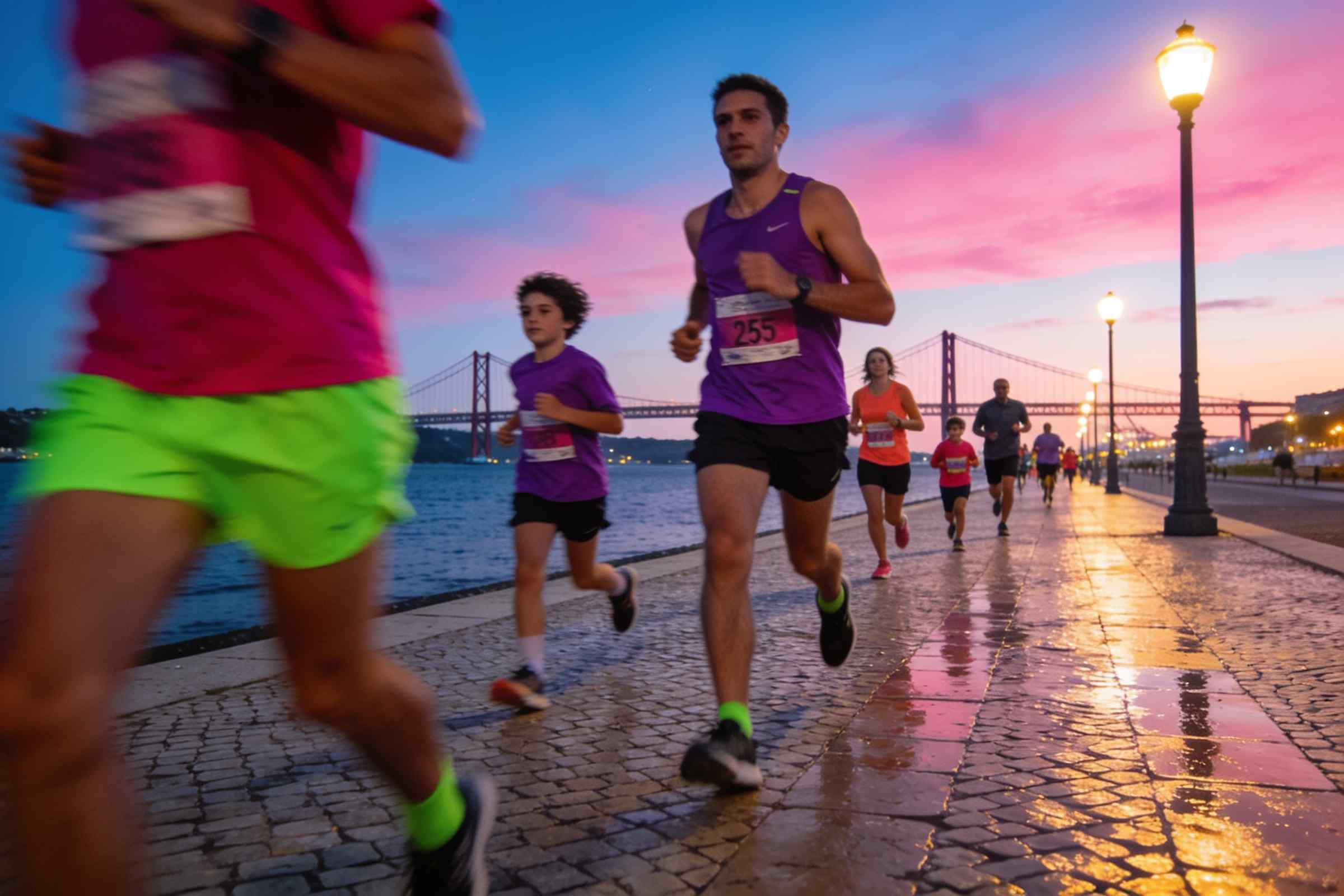 Runners in the Family 2K at night in Lisbon, lit in magenta and lime