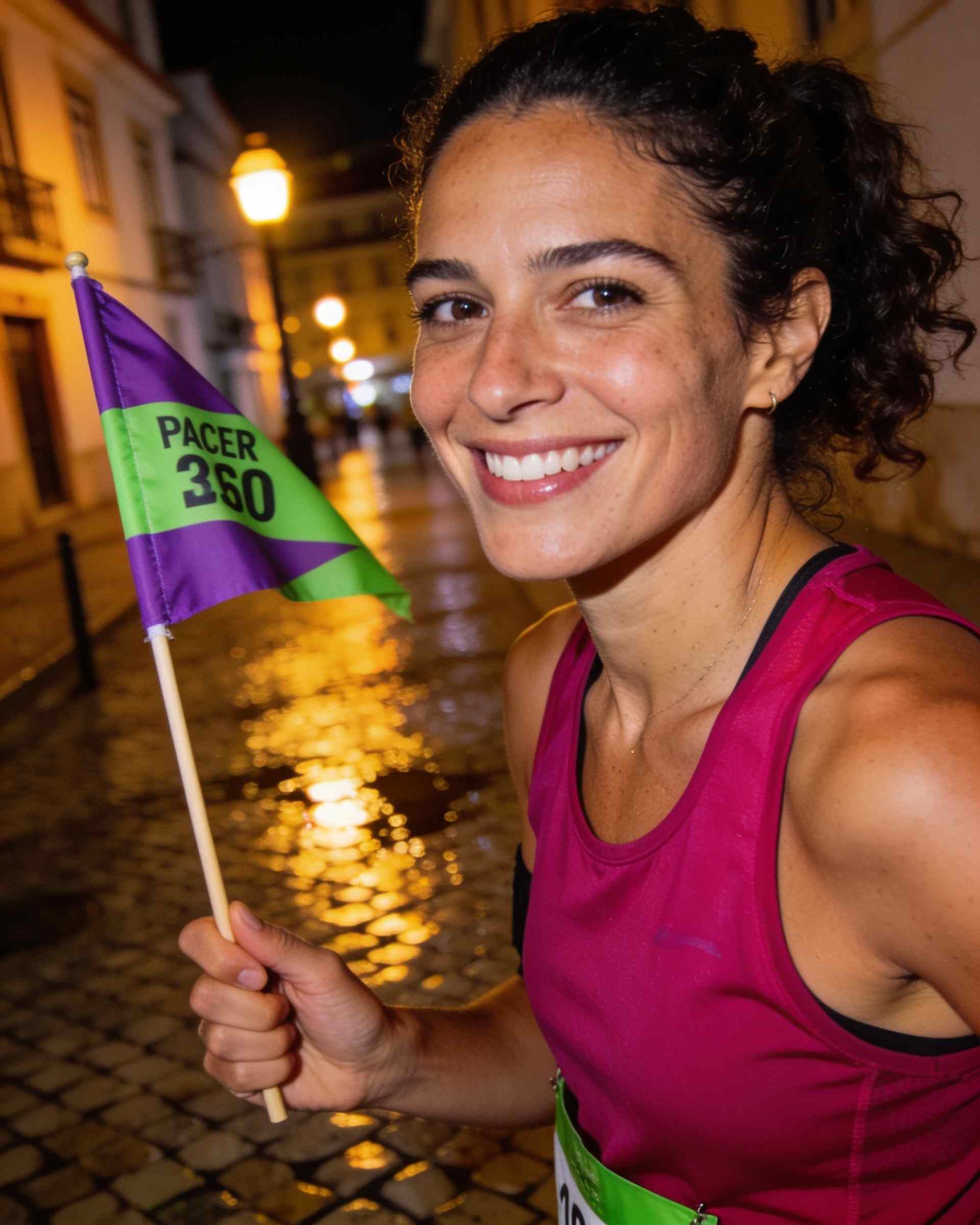 Inês Rocha, a runner, in Lisbon at night with a pacer flag