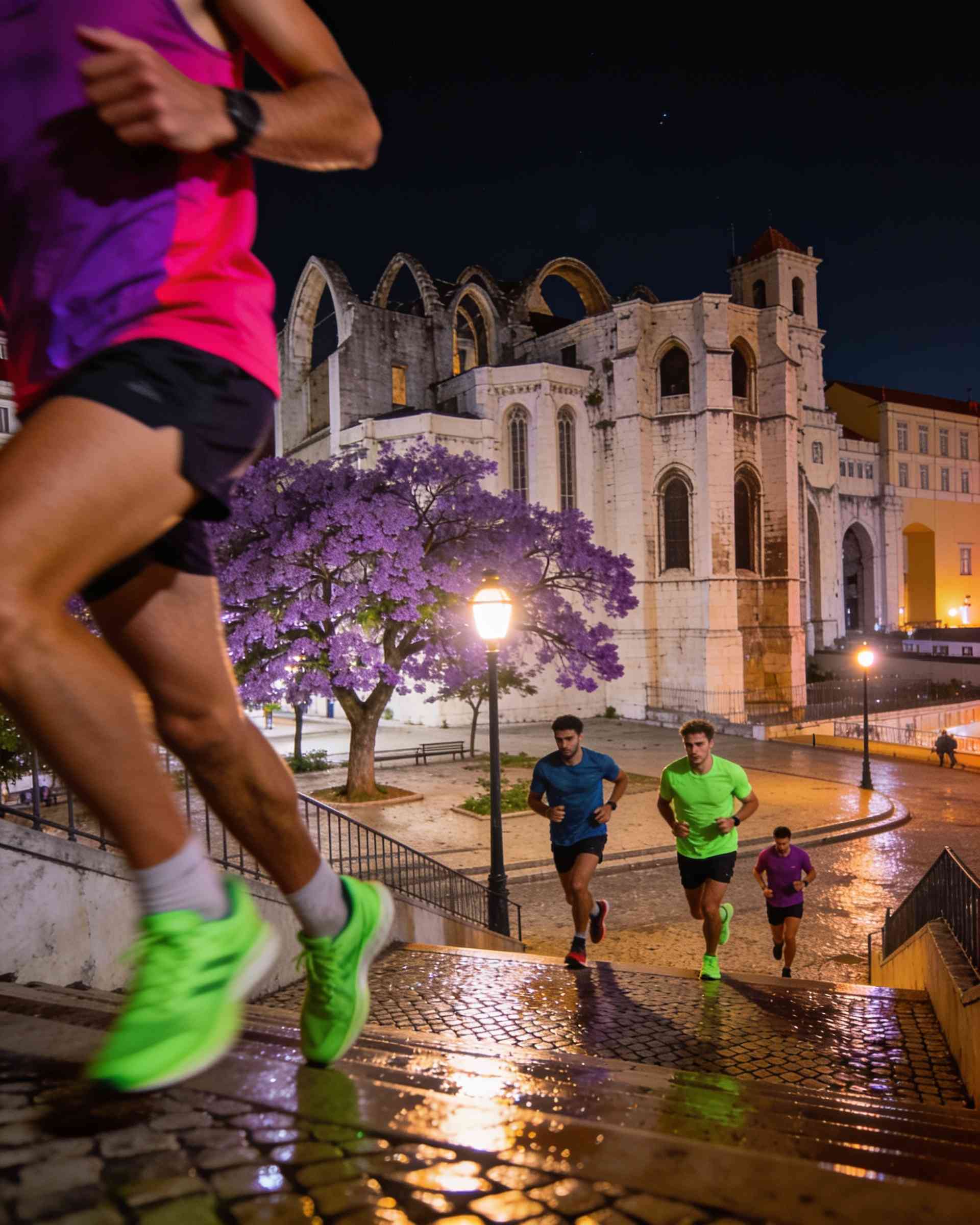 Largo do Carmo in Lisbon at night, lit in magenta and violet, runners passing