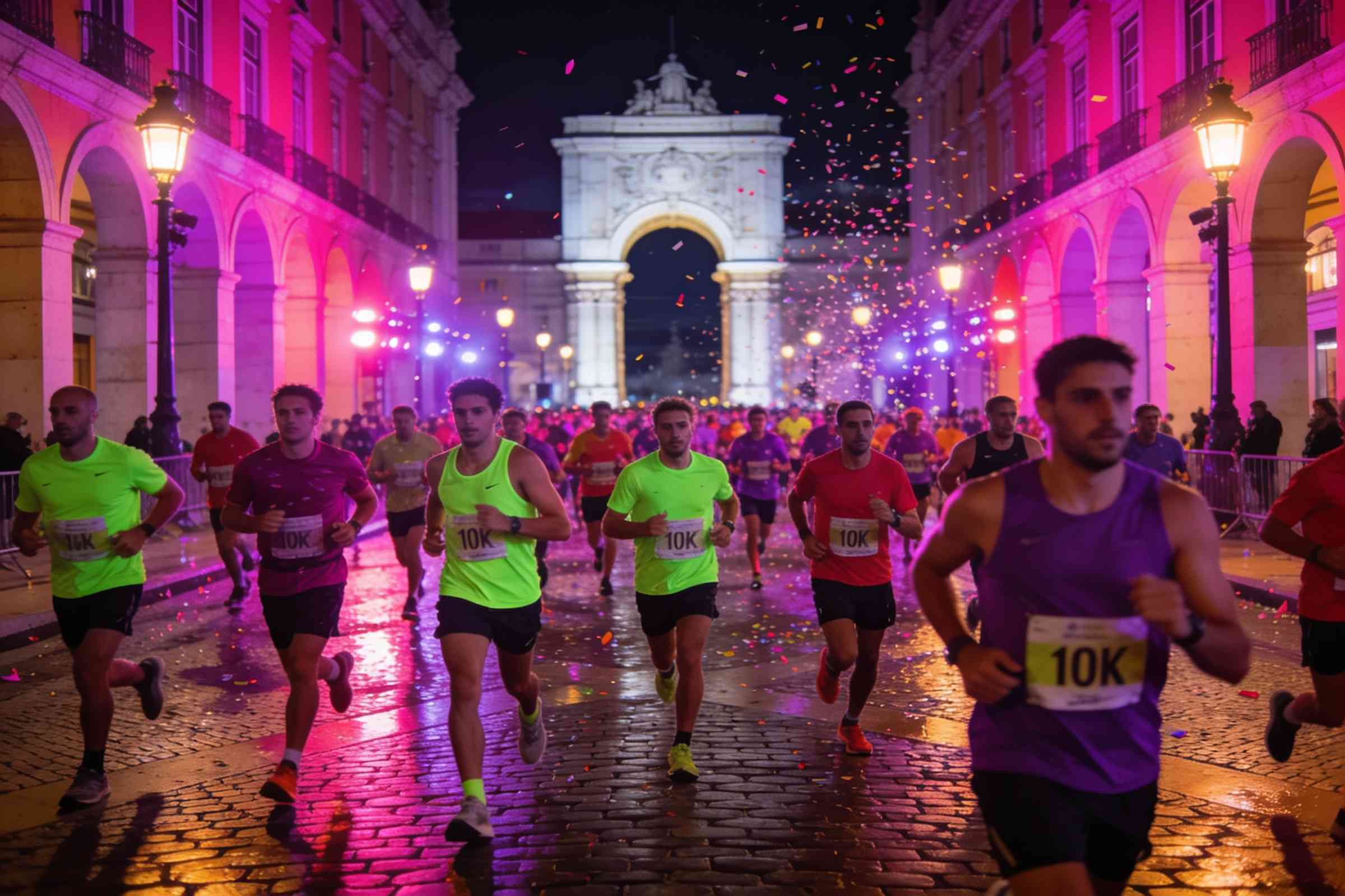 Runners in the Luz Night 5K at night in Lisbon, lit in magenta and lime