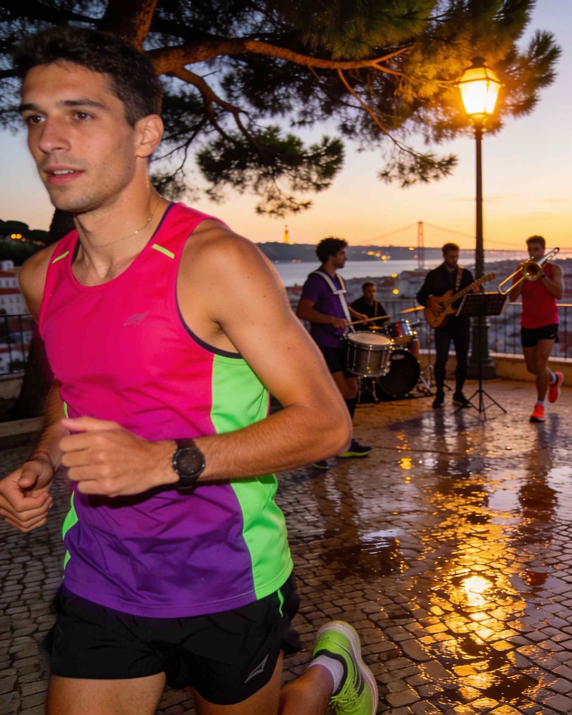 Miradouro da Graça in Lisbon at night, lit in magenta and violet, runners passing