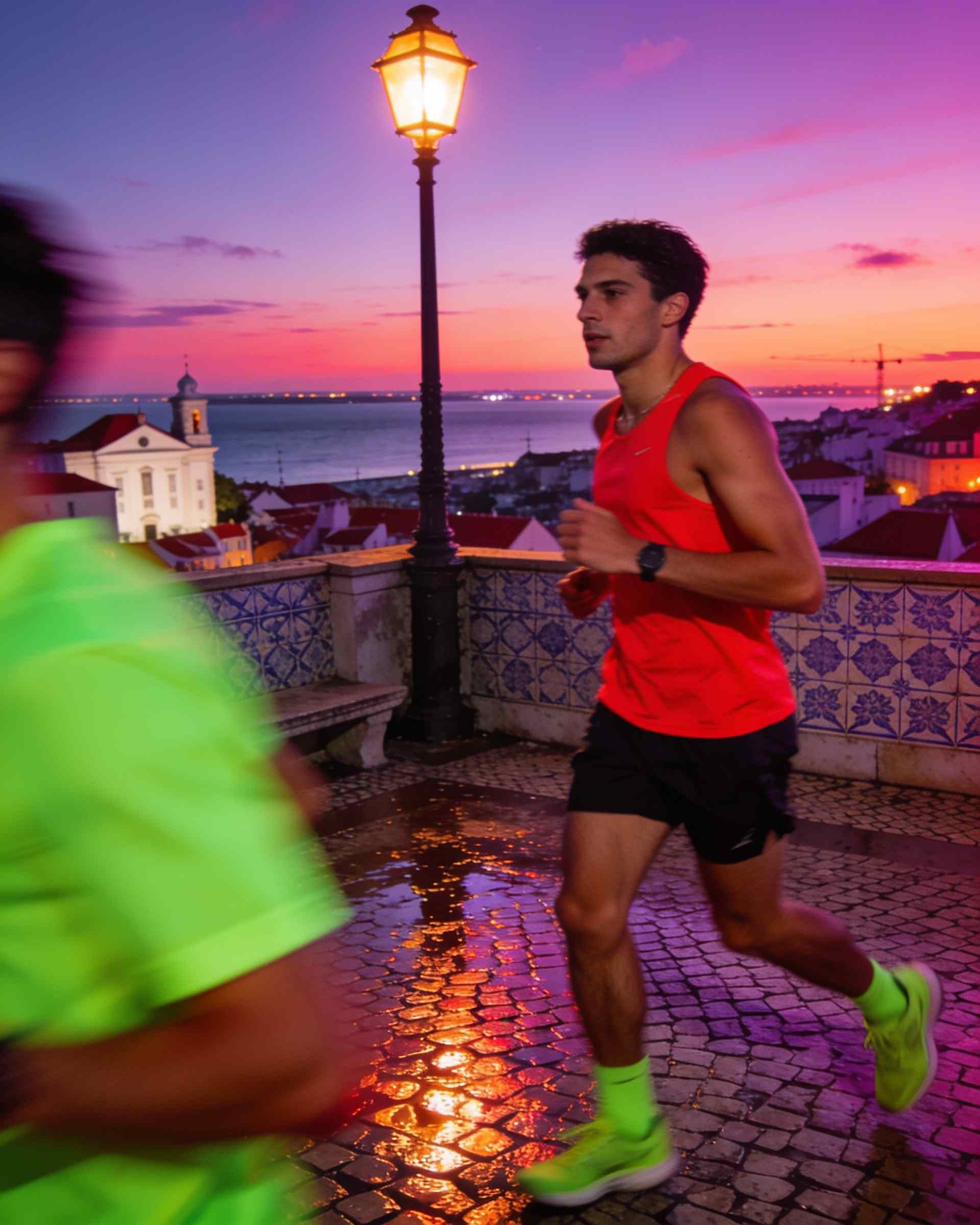 Miradouro de Santa Luzia in Lisbon at night, lit in magenta and violet, runners passing