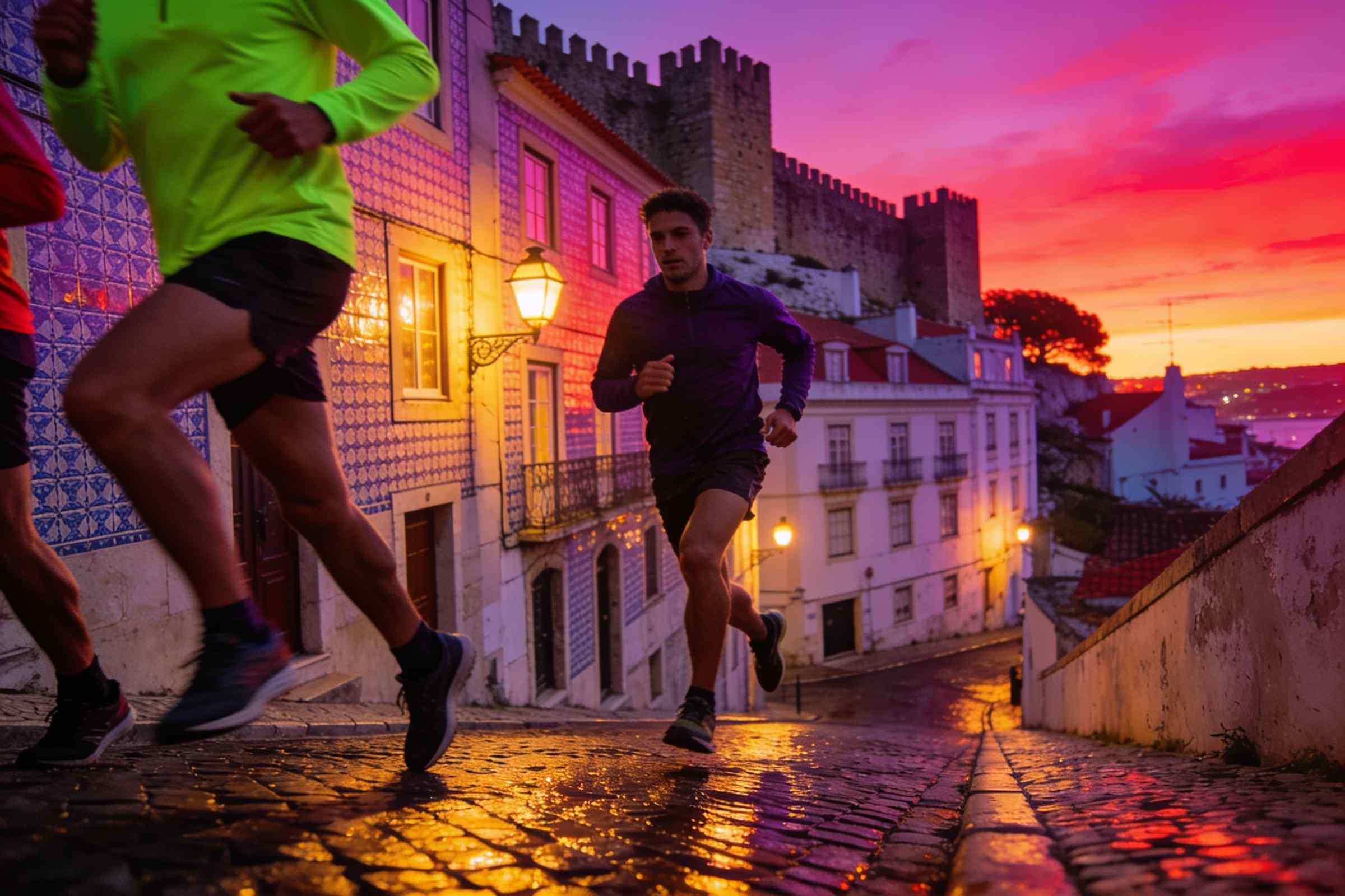 Runners in the Miradouros Hill Run at night in Lisbon, lit in magenta and lime