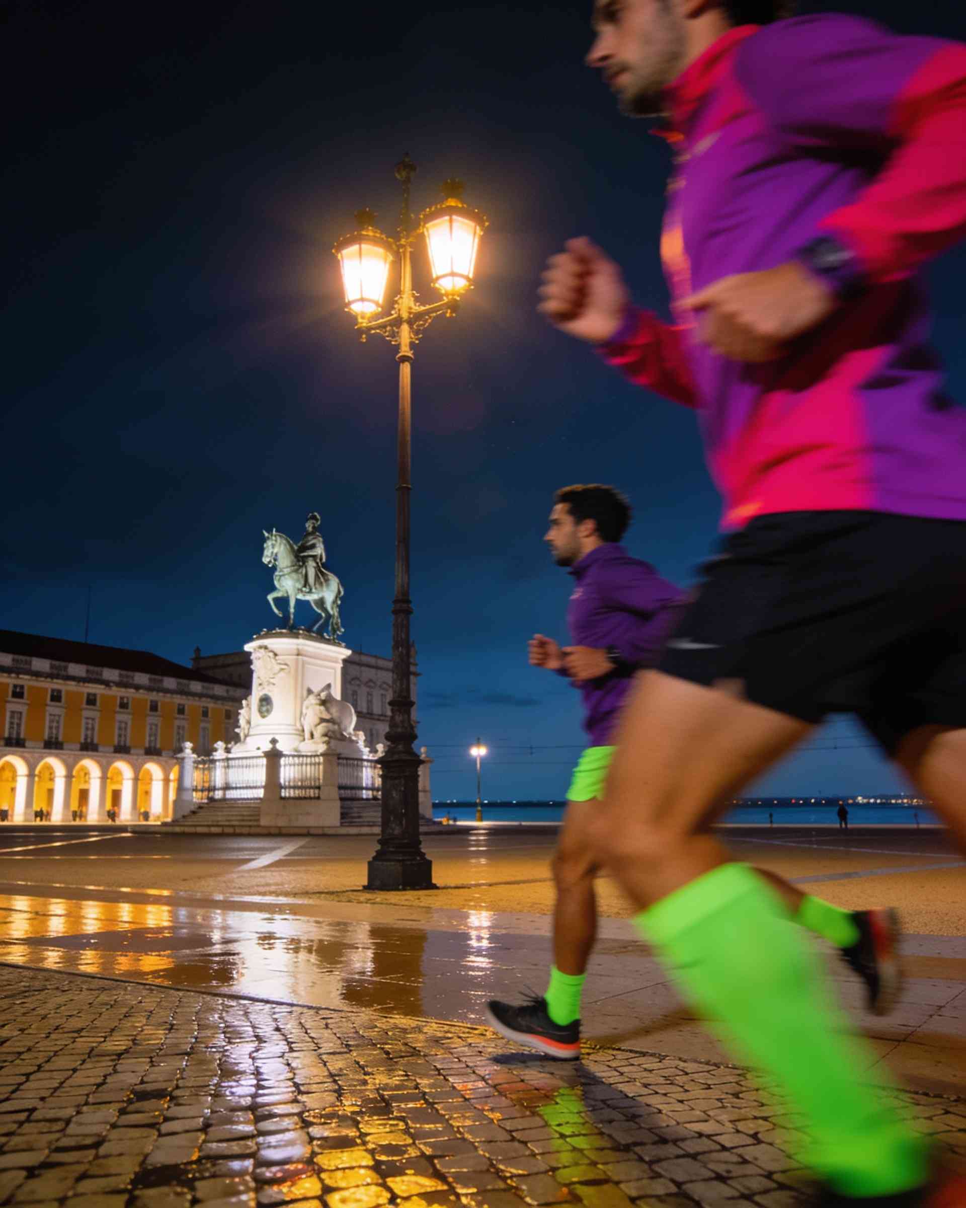 Praça do Comércio in Lisbon at night, lit in magenta and violet, runners passing