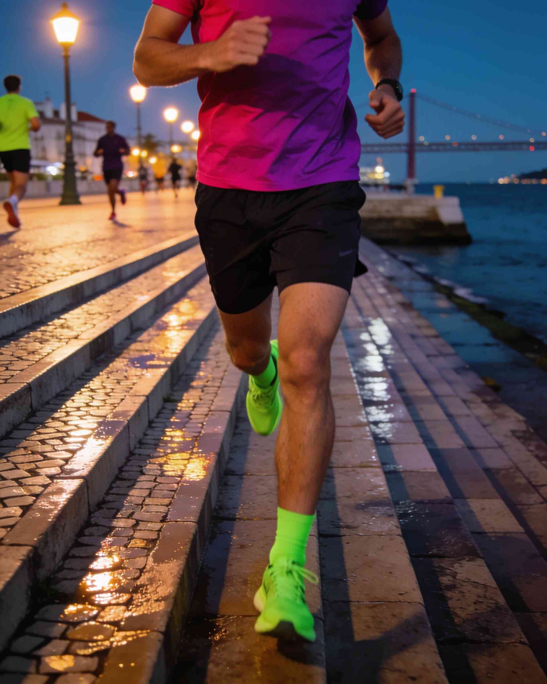 Ribeira das Naus in Lisbon at night, lit in magenta and violet, runners passing