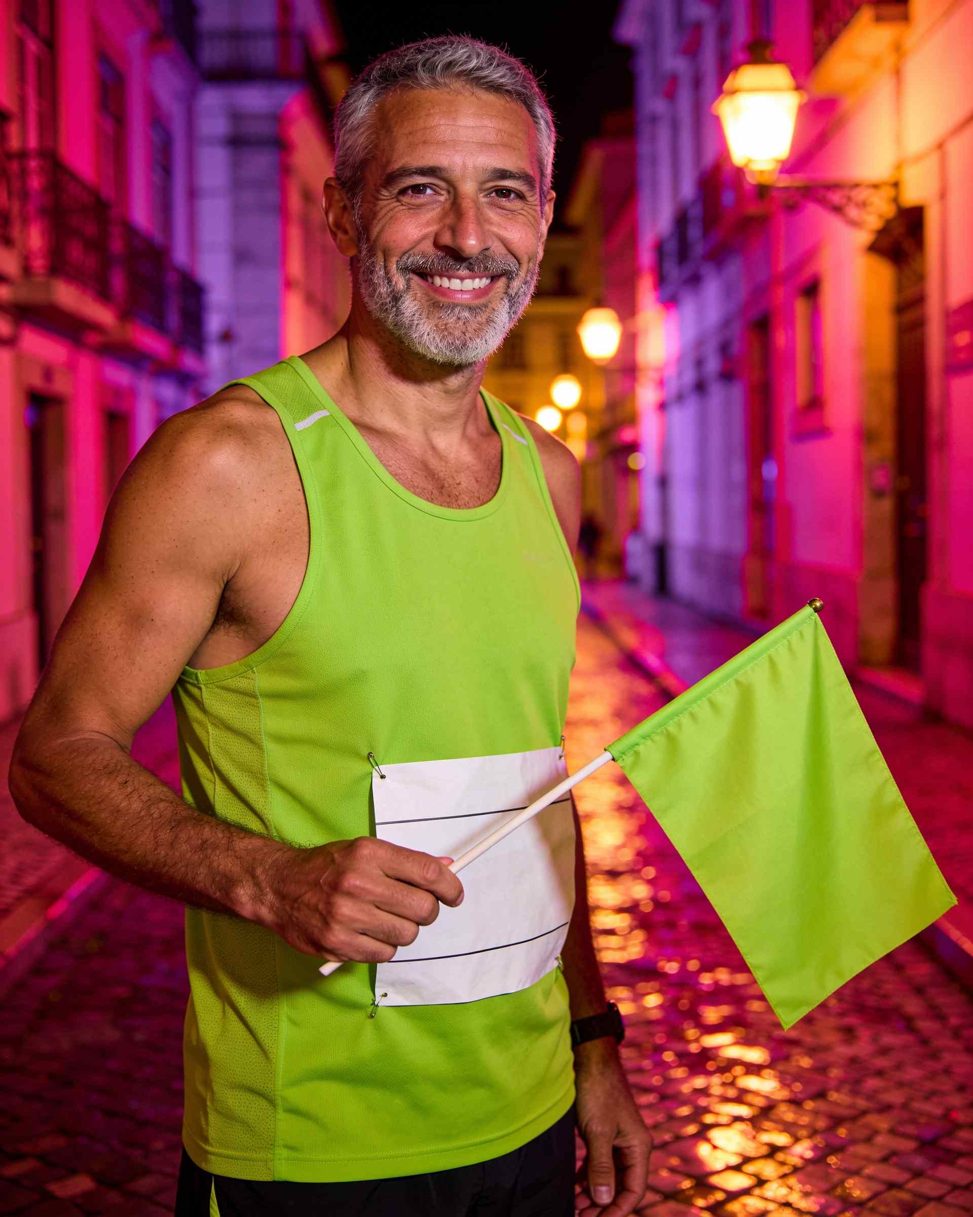 Tiago Alves, a runner, in Lisbon at night with a pacer flag